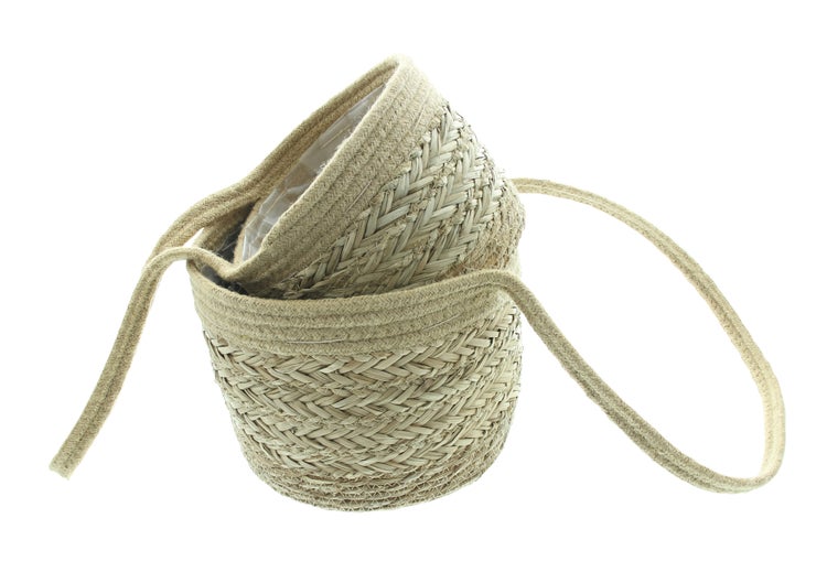 FRANK FLECHTWAREN | Hängekorb Seegras, 2er Set, SEEGRAS, JUTE, FOLIE, Ø 20 x 15cm , Ø 25 x 20 cm