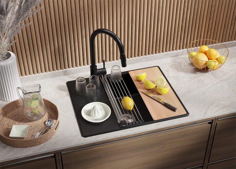 PRIMAGRAN Unterbauspüle Granit Schwarz Metallic 76x47cm, Spülbecken 1 Becken + Küchenarmatur 40x20cm + Ablauf-Set + Aufrollbare Abtropffläche, Granitspüle ab 80er Unterschrank - Praga