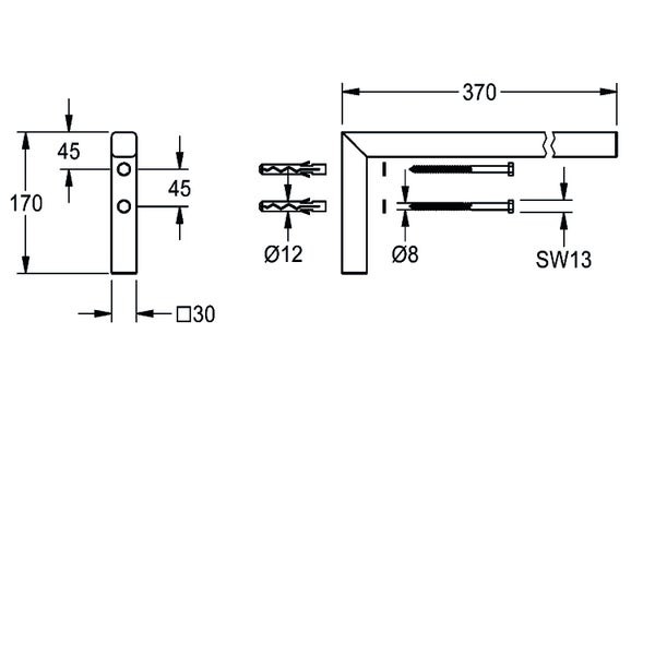 Maßzeichnung L-Konsole mit Abmessungen 170 mal 370 mal 30 Millimeter inklusive Montagematerial wie Dübel Durchmesser 12 und Schrauben.