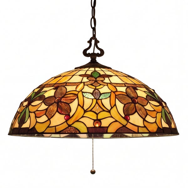 Tiffany-Hängeleuchte mit floral gemustertem Glasschirm, Kettenaufhängung und Zugschalter.