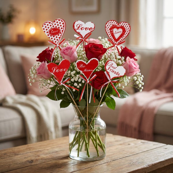 Blumenstrauß aus Rosen und Schleierkraut in einer Glasvase, dekoriert mit sechs Herzsteckern mit Liebessprüchen auf einem Holztisch.