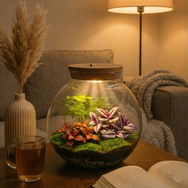 Glasterrarium mit LED-Beleuchtung im Korkdeckel auf einem Tisch im Wohnzimmer, bepflanzt mit verschiedenen Zimmerpflanzen und Moos.