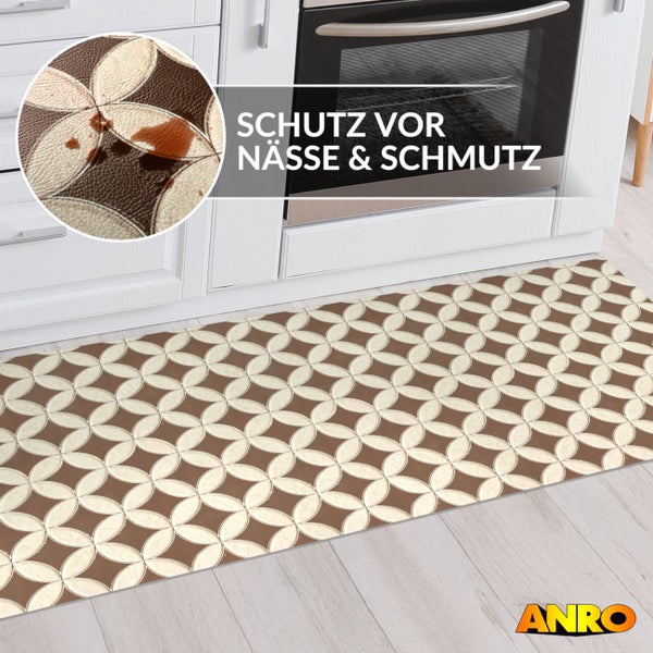 Küchenläufer mit geometrischem Muster vor einer Küchenzeile, Schutz vor Nässe und Schmutz.
