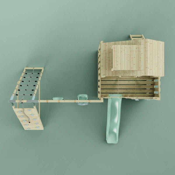 Spielturm aus Holz für Kinder mit Spielhaus, Leiter, Rutsche, Sandkasten, Doppelschaukel und Kletterwand.