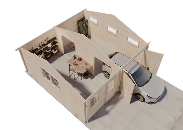 Holzgarage mit Werkstatt, Regalen und Fahrzeugen