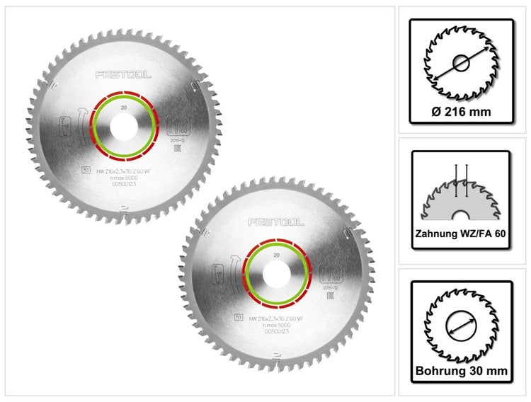 Festool Spezial Kreissägeblatt Set 2x HW 216 x 30 x 2,3 mm WZ/FA60 216 mm ( 2x 500123 ) 60 Zähne