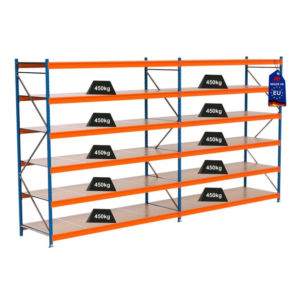 Lagerregal mit mehreren Ebenen und einer Traglast von 450 Kilogramm pro Ebene, Kennzeichnung Made in EU