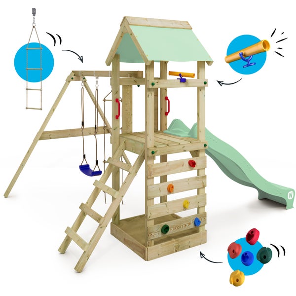 WICKEY Spielturm Klettergerüst FreeFlyer mit Schaukel und Rutsche, Kletterturm mit Sandkasten, Leiter und Spiel-Zubehör – pastellgrün