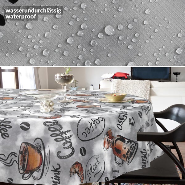 Runde, wasserundurchlässige Tischdecke mit Kaffeemotiven auf einem Tisch sowie Detailansicht der wasserabweisenden Oberfläche.