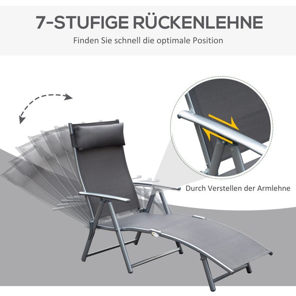 Outsunny Sonnenliege, Strandliege, klappbar, verstellbar, mit Kissen, 137 x 63,5 x 100,5 cm, Metall, Stoff, Grau