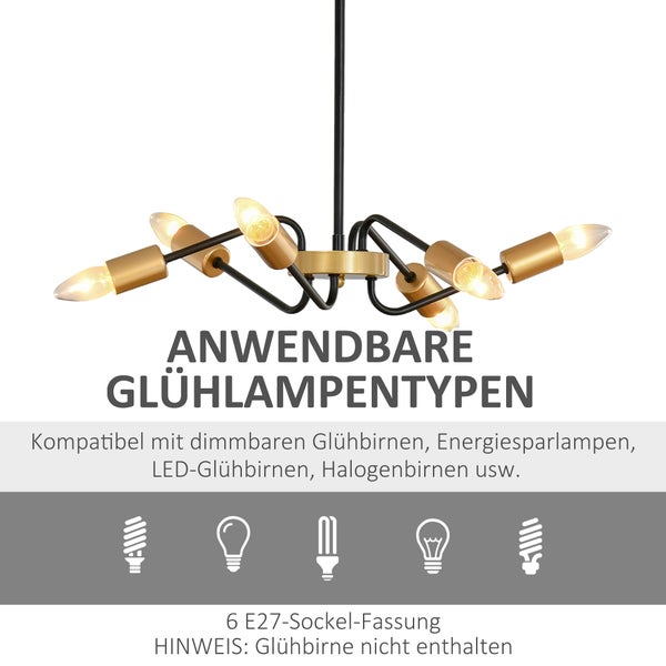 HOMCOM Hängelampe, 6-flammig, höhenverstellbar, mit E27 Lampenfassung, Ø48 x 120 cm, Metall, Schwarz+Gold