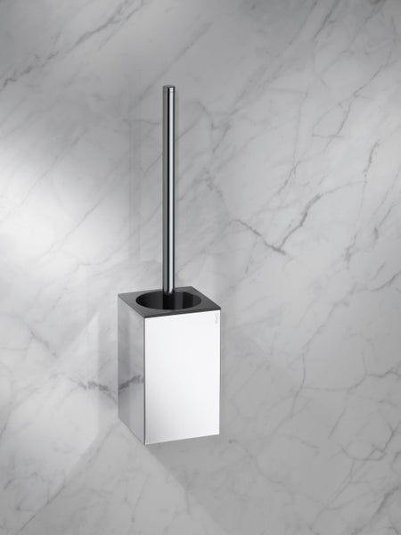 Wandmontierte KEUCO Toilettenbürstengarnitur in quadratischer Form mit Edelstahlhalterung und Toilettenbürste.