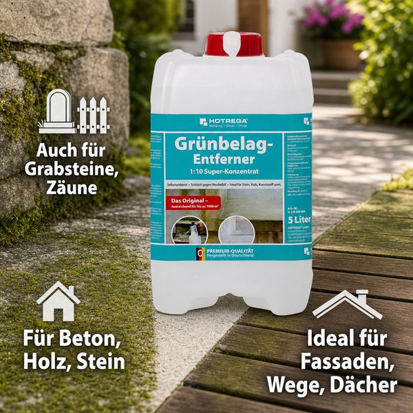 Hotrega Grünbelag-Entferner 5 Liter Kanister zur Reinigung von Stein, Holz und Kunststoff Fassaden, Wegen und Dächern.
