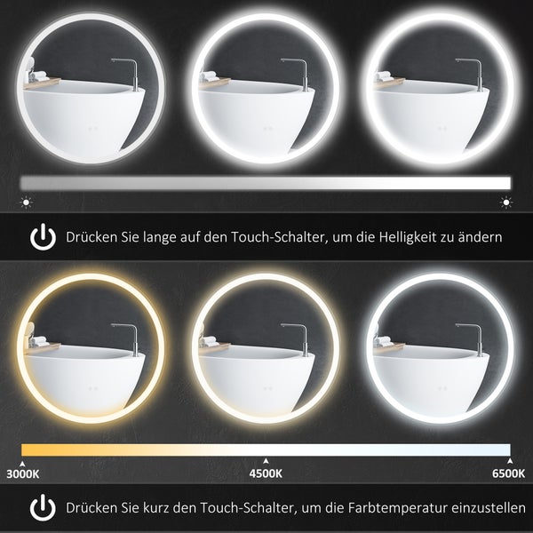 kleankin Badezimmerspiegel, Badspiegel mit LED Beleuchtung, Ø 60 cm Leuchtspiegel mit Touch-Funktion, Memory-Funktion, kein Beschlagen, Wandspiegel mit Alurahmen