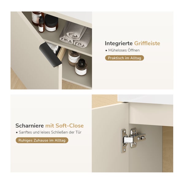 Details eines Badezimmerschranks mit integrierter Griffleiste und Scharnieren mit Soft-Close Funktion für sanftes Schließen der Tür.
