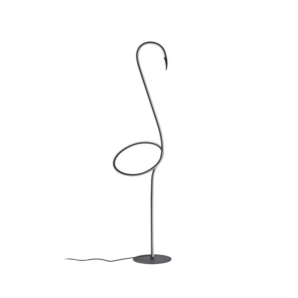 Moderne LED-Stehleuchte in Form eines Flamingos aus schwarzem Metall mit geschwungenem Leuchtelement.