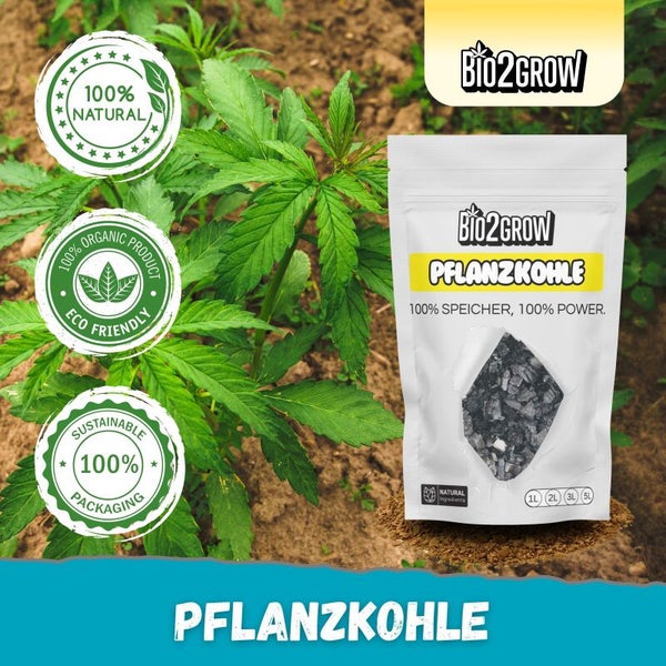 Bio2Grow Pflanzenkohle Verpackung mit Siegeln für 100% natürliche Inhaltsstoffe, ökologisches Produkt und nachhaltige Verpackung