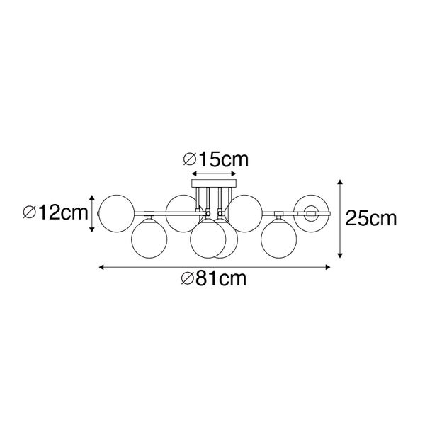 Abmessungen einer Deckenleuchte mit kugelförmigen Lampenschirmen: 81 Zentimeter breit, 25 Zentimeter hoch