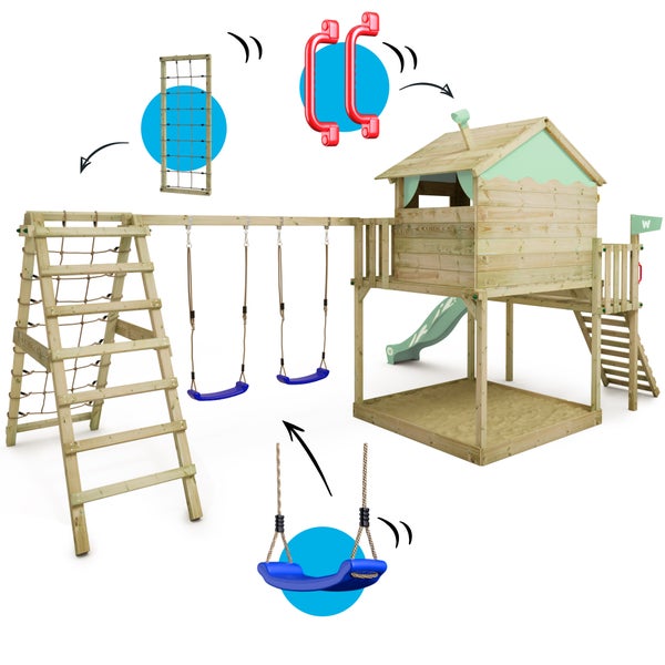 WICKEY Spielturm Klettergerüst Smart Ocean mit Schaukel und Rutsche, Stelzenhaus mit Sandkasten, Kletterleiter und Spiel-Zubehör – pastellgrün