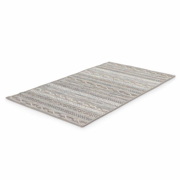 Rechteckiger Flachgewebe-Teppich mit horizontalem Streifenmuster und gewebten geometrischen Details.