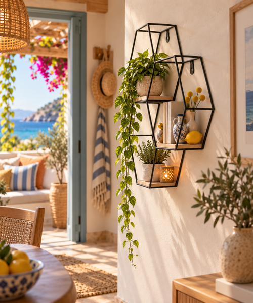 Wandregal aus Metall in Wabenform mit Holzböden, dekoriert mit Pflanzen und Accessoires in mediterranem Wohnraum mit Meerblick.