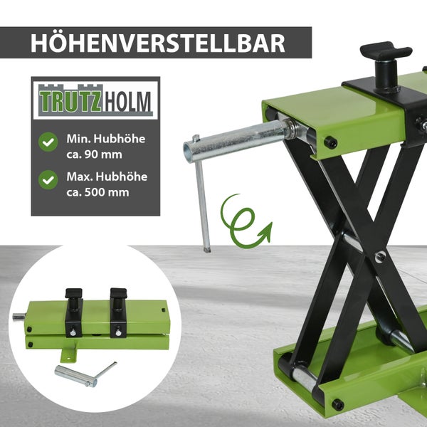 Höhenverstellbarer Motorradheber von TRUTZ HOLM mit einer minimalen Hubhöhe von circa 90 Millimeter und einer maximalen Hubhöhe von circa 500 Millimeter