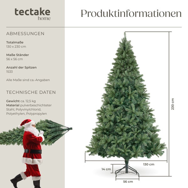Kunstweihnachtsbaum mit 230 Zentimeter Höhe inklusive Ständer und Produktinformationen von Tectake Logo.