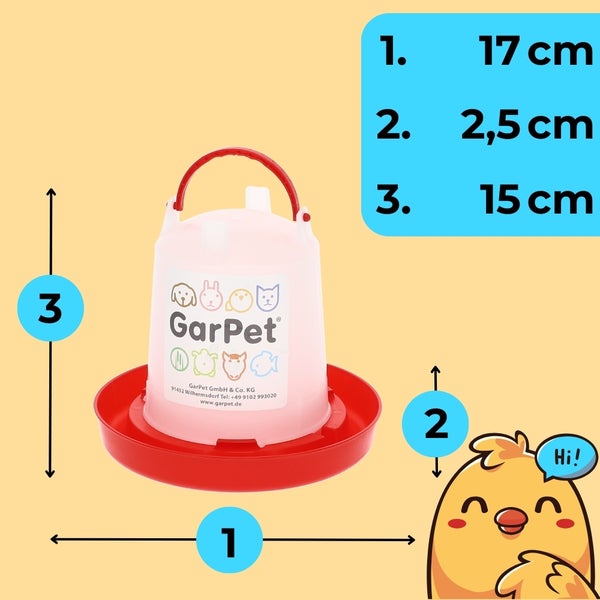 GarPet Logo mit den Massangaben für eine Geflügeltränke