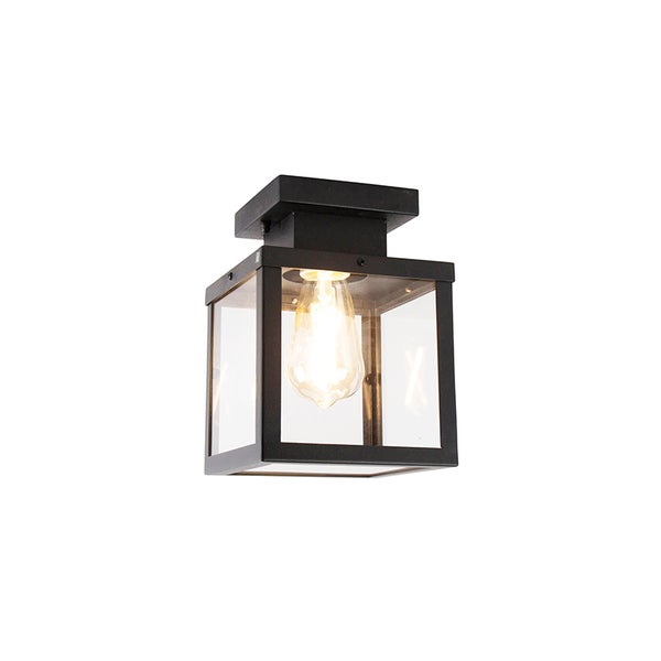 Schwarze Deckenleuchte im Laternen-Stil aus Metall und Glas mit sichtbarem Leuchtmittel.