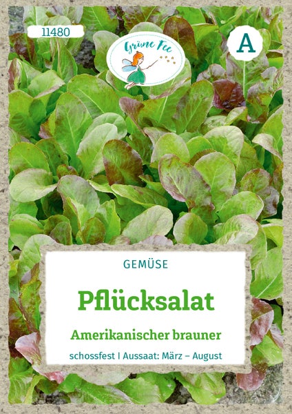 Samentüte für Pflücksalat Amerikanischer brauner, schossfeste Gemüsesorte für die Aussaat von März bis August, Grüne Fee Logo.