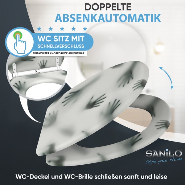 Sanilo WC Sitz mit Motiv Handabdrücke, doppelte Absenkautomatik und Schnellverschluss zum Abnehmen per Knopfdruck.