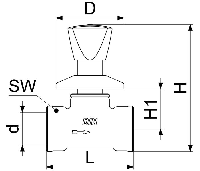 Technische Zeichnung eines Ventils mit Maßangaben für Länge, Höhe und Durchmesser nach DIN-Norm.