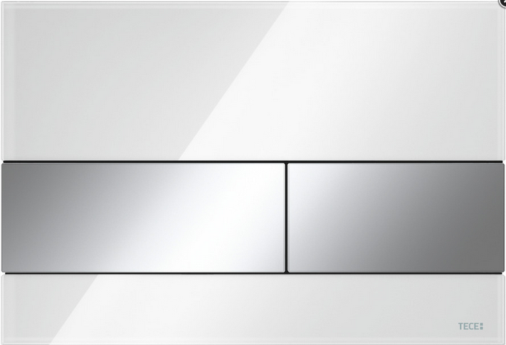 Weiße TECE Betätigungsplatte aus Glas und silbernem Metall für die Toilettenspülung mit Zwei-Mengen-Technik.