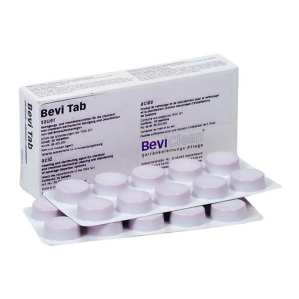 Packung Bevi Tab saure Reinigungstabletten zur Desinfektion von Getränkeschankanlagen mit 30 Stück in Blisterverpackung