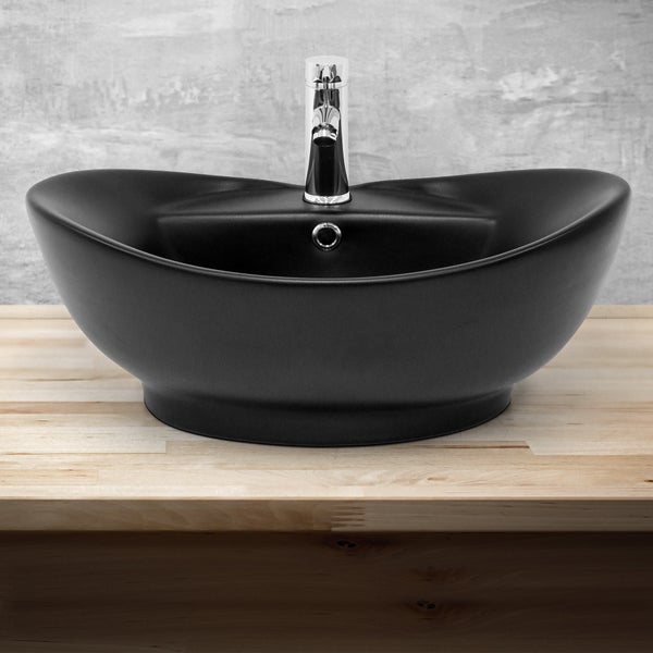 ML-Design Waschbecken aus Keramik in Schwarz matt 59x39,5x20,5 mm, Ovale Aufsatzwaschbecken, Moderne Waschtisch, Waschschale mit Hahnloch und Abflussloch, Waschplatz Handwaschbecken, für Badezimmer
