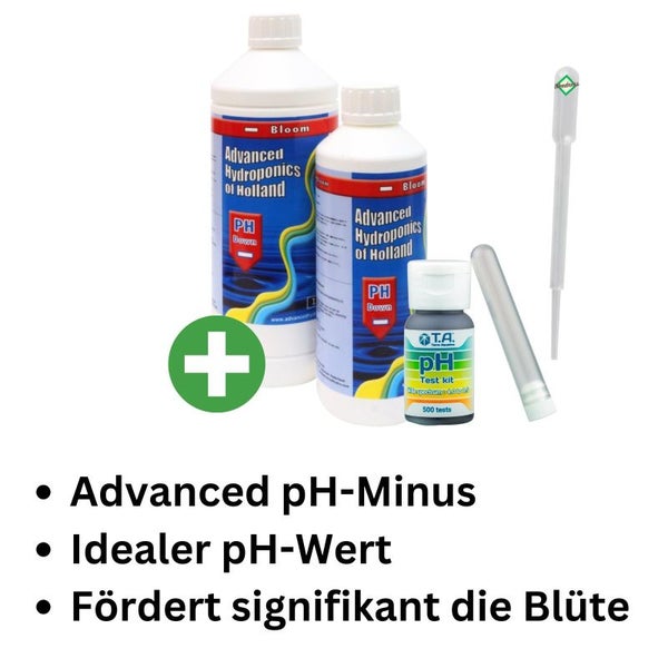 Advanced Hydroponics pH-Minus Flüssig 500 ml mit T.A. pH-Testkit – Effektiver pH-Regulator für optimales Pflanzenwachstum, inklusive präzisem Testset, vielseitig einsetzbar (Teich, Pool, Garten)