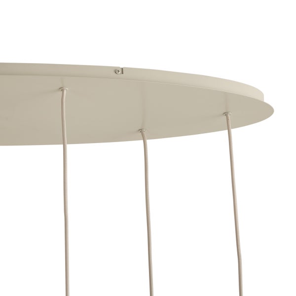 Deckenbaldachin für Pendelleuchte mit drei Stoffkabeln, rund, flaches Design, cremefarben.
