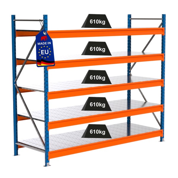 Lagerregal mit fünf Regalebenen und einer Traglast von 610 Kilogramm pro Ebene, Hergestellt in der EU Kennzeichnung