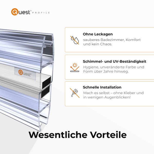 Quest Profile Logo. Kunststoff-Duschdichtung mit Vorteilen wie Wasserdichtigkeit, Schimmelresistenz, UV-Beständigkeit und einfacher Montage.