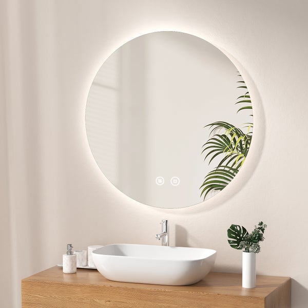 EMKE Badspiegel mit Beleuchtung ф70cm, LED-Spiegel mit Touchschalter, rund, Anti-Beschlag, Kaltweiß