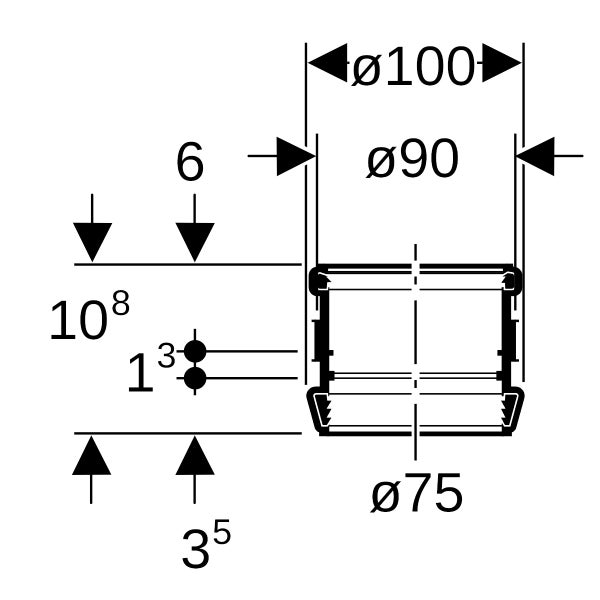 Technische Zeichnung eines zylindrischen Bauteils mit Durchmessern von 100, 90 und 75 Millimeter.