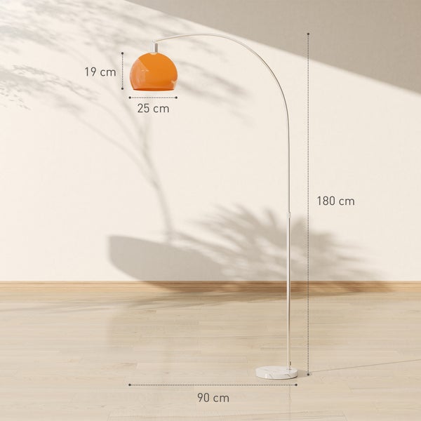 Bogenlampe mit orangefarbenem Lampenschirm, galvanisiertem Nickelrahmen und Sockel aus Marmor