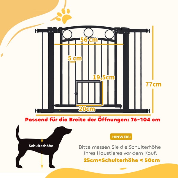 Produktbild mit Maßangaben eines schwarzen Türschutzgitters für Haustiere, passend für Öffnungen von 76 bis 104 cm