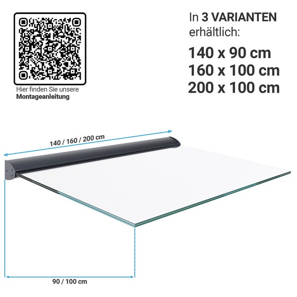 Vordach aus Glas mit dunkler Wandhalterung in drei verschiedenen Grössen erhältlich inklusive QR-Code zur Montageanleitung.