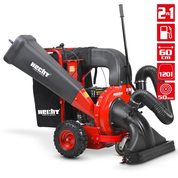 Hecht Laubsauger mit 2-in-1 Funktion, 60 Zentimeter Arbeitsbreite, 120 Liter Fangsackvolumen und 50 Millimeter Saugschlauchdurchmesser.