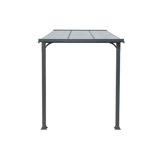 Terrassenüberdachung mit Aluminiumrahmen und Dachplatten aus Polycarbonat in Vorderansicht