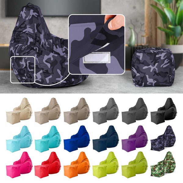 Green Bean 2er Set Sitzsack + Hocker - fertig befüllt - robust waschbar schmutzabweisend - Kinder & Erwachsene Bean Bag Bodenkissen Sitzhocker Relax-Sessel Gamer Gamingstuhl Pouf - Camouflage Schwarz
