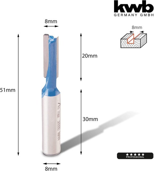 kwb HM Nut-Fräser Professional (für Holz, Ø 6mm, Arbeitslänge 20mm, Schaft 8mm, passend zu Allen üblichen Hand-Oberfräsen), blau/grau