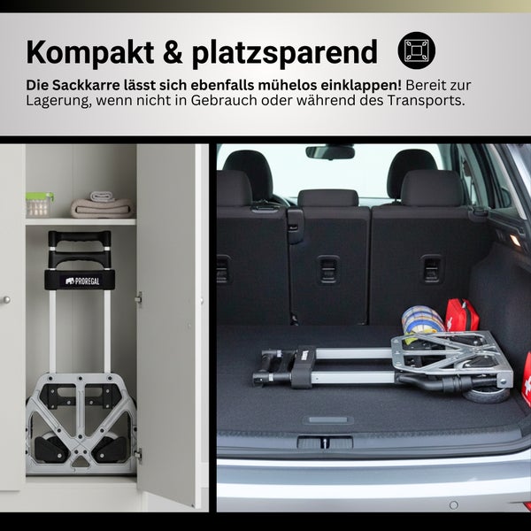Klappbare Sackkarre von Proregal platzsparend verstaut in einem Schrank und im Kofferraum eines Autos.