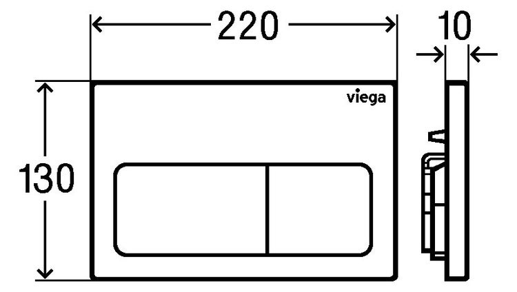 Technische Zeichnung einer Viega Betätigungsplatte mit den Maßen: Breite 220 Millimeter, Höhe 130 Millimeter, Tiefe 10 Millimeter.